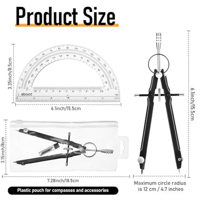 EBOOT Student Geometry Math Set, Metal Drawing Compass and 6 Inch Clear Swing Arm Protractors 180 Degree Math Protractor(Black) - color: Black