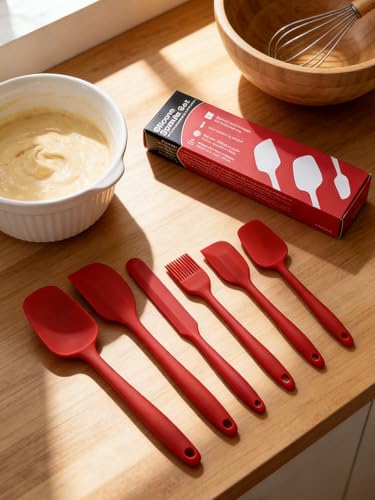 6 Pieces Silicone Spatula Set - Heavy Duty Kitchen Cooking Serving Utensils, Non-Stick Silicone Cooking Utensils Set, Kitchen Utensil Set with Oil Brush, Jar Spatula & Mini Spatulas (Red) - color: Red