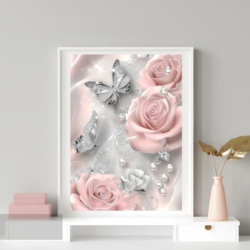 5D Diamond Painting Kits for Adults, Butterfly Rose Flower Diamond Art Kits | DIY Full Drill Diamond Dot Gem Painting for Home Wall Decor 12x16inch - color: KM53-1