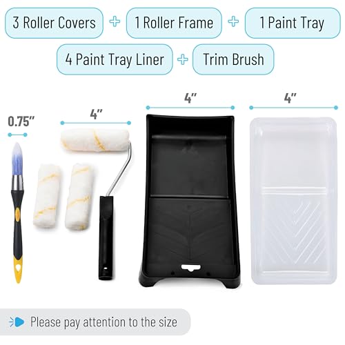 Bates- 4-Inch Paint Roller Kit, 10 pcs, Roller Set with Microfiber Sleeves & Frame, Tray, Tray Liner and Trim Brush for Walls, Cabinets, Interior, Exterior, House Painting Supplies - style: Microfiber 4", 10 pcs