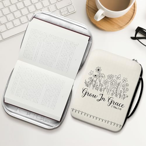 Grow In Grace Bible Cover for Women, Scripture Verse Canvas Bible Case with Handle and Zipper, Floral Butterfly Design, Fits Standard Size Bible, Christian Gift for Girls Mom Church Use - color: Christian Devotional