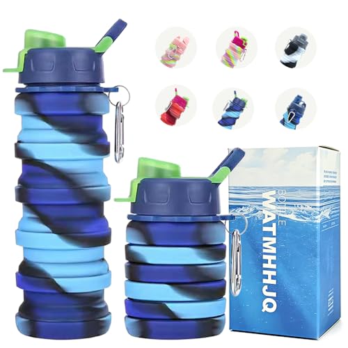 Silicone Collapsible Water Bottles, 16oz 500ml Portable Foldable Expandable Water Bottle Sports Cups, Leak Proof Reusable BPA Free, for Outdoor Activities Travel (Blue-B) - color: Blue-B