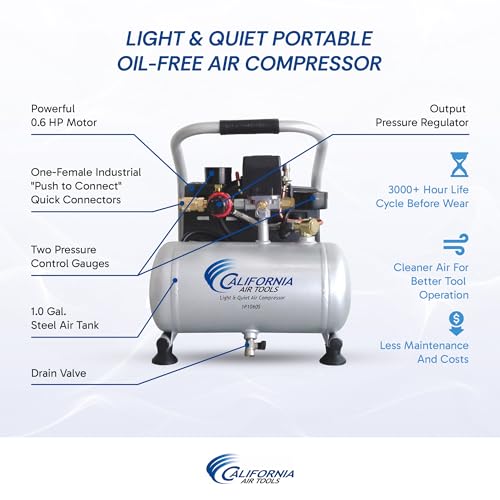 California Air Tools CAT-1P1060S Light & Quiet Portable Air Compressor, Lightweight, Ultra Quiet, Oil-Free, 1 Gallon Steel Tank, .6 HP, 56 dBA Noise Level, Silver | Light & Quiet, Lightweight, Ultra Quiet, Oil-Free, 1 Gallon Steel Tank, .6 HP, 56 dBA Nois