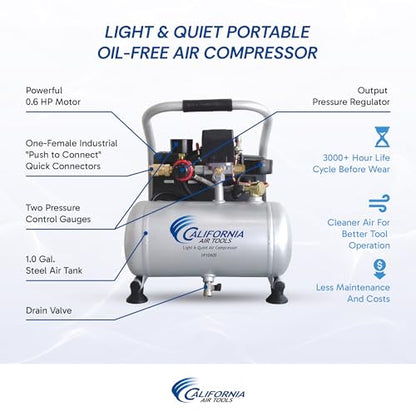 California Air Tools CAT-1P1060S Light & Quiet Portable Air Compressor, Lightweight, Ultra Quiet, Oil-Free, 1 Gallon Steel Tank, .6 HP, 56 dBA Noise Level, Silver | Light & Quiet, Lightweight, Ultra Quiet, Oil-Free, 1 Gallon Steel Tank, .6 HP, 56 dBA Nois
