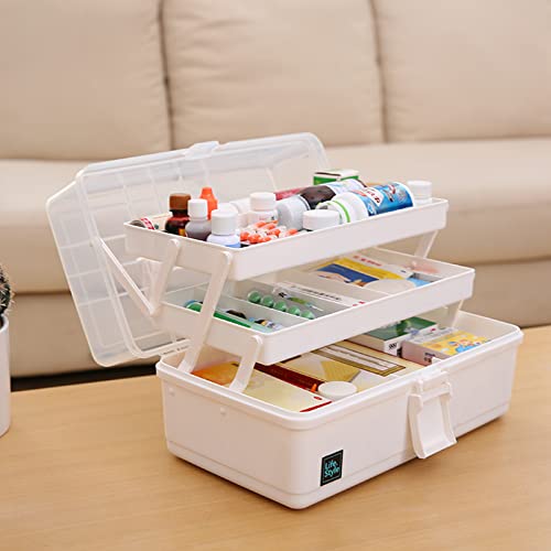 Creahaus 13 inch Art Craft Organizer Storage Box with 3 Layer, Multipurpose Plastic Tool Box with Handle for Sewing, Art Supply, Medicine, Nail, Hair Accessories (White) - color: White