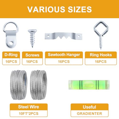 303Pcs Picture Hanging Kit, Picture Hangers Assorted Kit with Heavy Duty Wall Hooks, Sawtooth, Picture Wire, D Rings, Hardware Nails, Eye Hooks, Silver Heavy Duty Frame Hooks - size: Silver