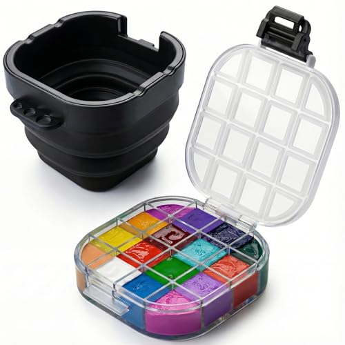 16-Well Airtight Empty Palette Box with Lid & Foldable Water Cup, Black | Compact Travel Design, Refillable Paint Storage Suitable for Guache, Watercolor & Acrylic - color: Black