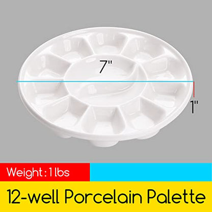 MEEDEN 12-Well Round Porcelain Watercolor Paint Palette for Watercolor Gouache Acrylic Oil Painting, 7-Inch - style: ROUND