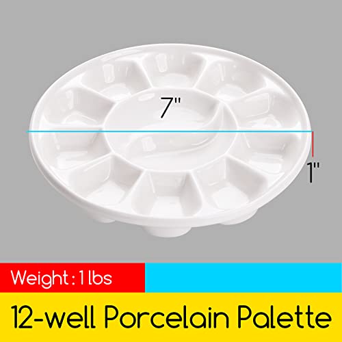 MEEDEN 12-Well Round Porcelain Watercolor Paint Palette for Watercolor Gouache Acrylic Oil Painting, 7-Inch - style: ROUND