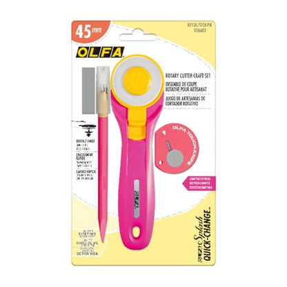 OLFA Rotary Cutter Craft Set (RTY-2C) - 45mm w/Art & Touch Knife, Pink | 45mm Quick Change Rotary Cutter, Art Knife, and Touch Knife combo pack - Quilting and craft cutting - Quilters and Crafters