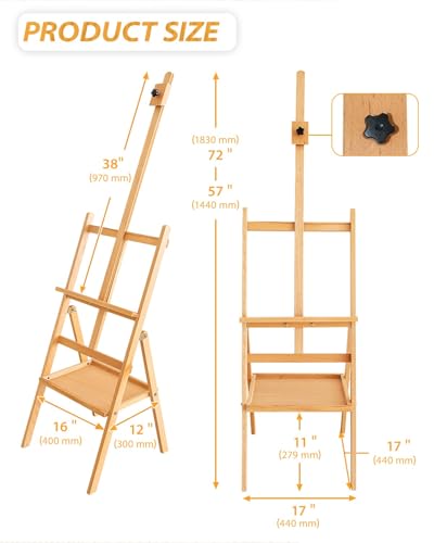 Painting Art Easel with Storage Tray, 57"-72" Height Adjustable Easel Stand | Non-foldable beech wood easel, H-frame artist easel stand for painting, Wooden floor easel holds canvas up to 36" - color: Natural