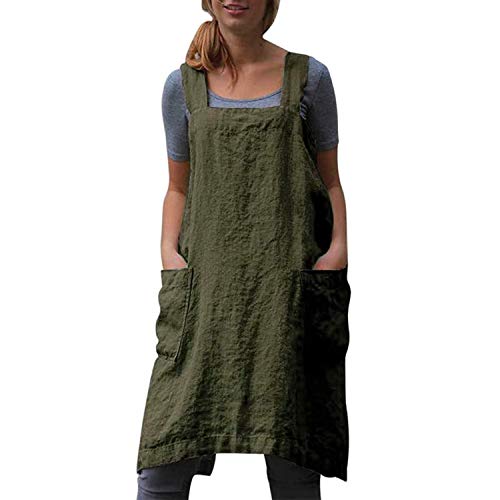 Japanese Aprons Plus Size Smock for Women with Pockets Cross Back Pinafore Dress Apron Baking Cooking Gardening - color: Army Green, size: X-Large
