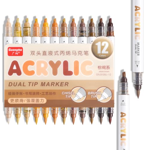 kander 12 Colors Dual Tip Acrylic Paint Markers, Adobe Brown Color — Extra Fine & Soft Brush Pen Set with Direct Ink Flow for Sketching, Detailing, Coloring on Wood, Canvas, Rock, Glass, DIY Crafts - color: Brown