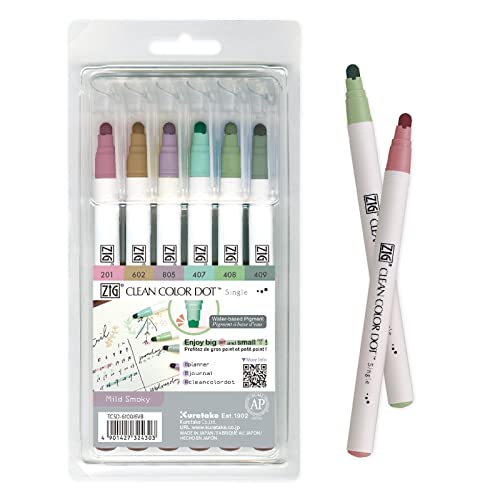 Kuretake CLEAN COLOR DOT Single Mild Smoky 6 colors set, Flexible dot tip marker, for Journals, Crafts, Illustration, Lettering, Planners, for Adult, Kids, Made in Japan - style: Mild Smoky 6 colors set(single tip)