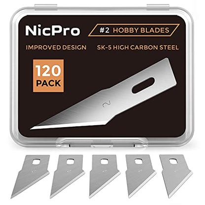 Nicpro 120 PCS Hobby Blades Set SK-5, Utility Refill #2 Art Blades Refill Cutting Tool with Storage Case for Medium to Heavy Craft, Hobby, Scrapbooking, Stencil - size: #2