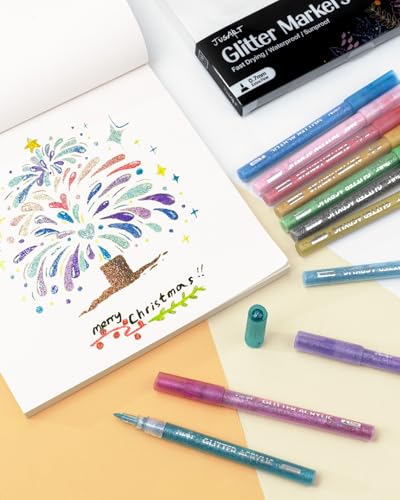 JusArt 16 Colors Glitter Markers, Glitter Pens, 0.7mm Acrylic Paint Markers | Shiny Shimmer Pens for Kids Adults DIY Crafts, Card Making, Drawing, Scrapbooking, Glass, Wood, Stone, Fabric, Rock
