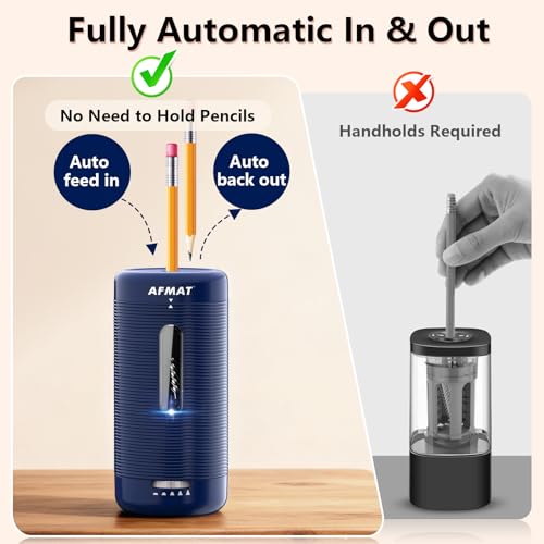 AFMAT Electric Pencil Sharpener, Fully Automatic Pencil Sharpener, Auto in & Out, Rechargeable Hands-Free Sharpeners for Jumbo & Colored Pencils (6.5-12mm), Portable for Home/Classroom/Office PSC2 - color: Blue