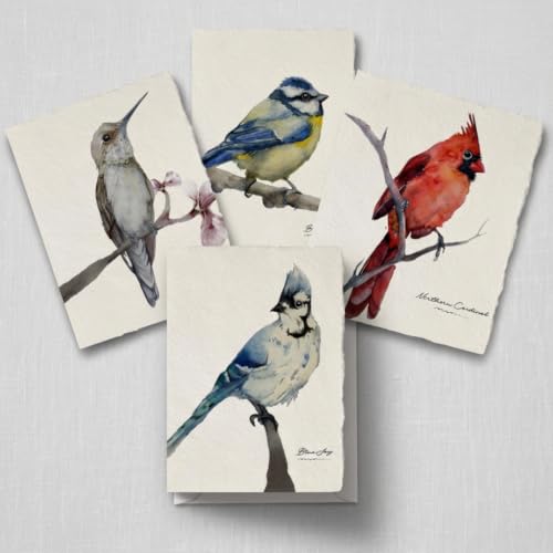 WANDERINGS Handmade Deckle Edge Blank Greeting Cards & Envelopes with Bird Art - 300 GSM Paper– 20 Cards (5 Each of 4 Varieties) for Invitations, Thank Yous, Get Well and Birthday Cards –5" x 7" - color: Bird Art