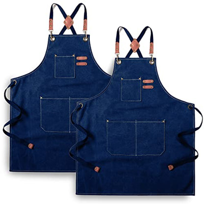 Tosewever 2 Pack Canvas Cross Back Chef Apron for Men Women with Pockets, Cotton Tool Aprons for Cooking Kitchen BBQ Artist - color: Blue