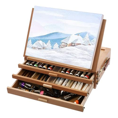 Large Adjustable Artist Tabletop Sketchbox Easel, Multi-Function Solid Beech Wood Storage Box Easel with 3-Drawer for Artist, Art Students & Beginners