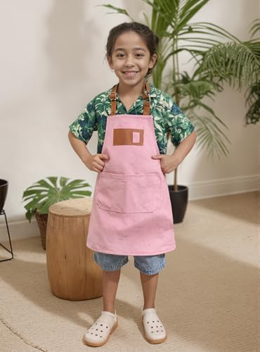 Canvas Aprons for Kids, Childrens Aprons with 4 Pockets and Card Slot Pocket for Painting Crafting Kitchen - color: Pink