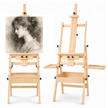 Large Horizontal Wooden Painting Easel, Holds up to 50'' | H-Frame Studio Easel Stand with Storage Drawer and Palettes, Suitable for Adults, Beginners, and Artists - style: Natural