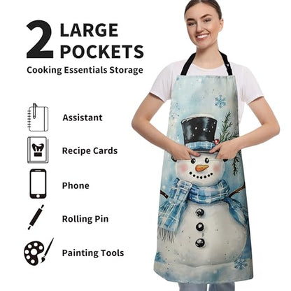 Lovely Snowman Apron Winter Snowflakes Cooking Apron Winter Aprons Xmas Blue Snowflakes Kitchen Aprons With Two Pockets for Baking Crafting Painting - color: Winter Snowman