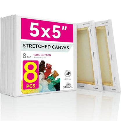 PHOENIX Small Stretched Canvas for Painting 5x5 Inch/8 Value Pack, 8 Oz Triple Primed 5/8 Inch Profile 100% Cotton White Blank Canvas, Square Framed Canvas for Oil Acrylic & Pouring Art - size: 5"x5", style: Studio Set (8 Oz.)