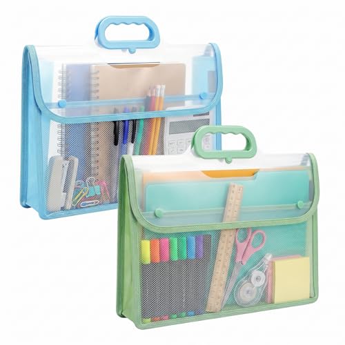 Clear File Folder, 2 Pcs Portable Handheld Document Bag, Sturdy A4 Size Briefcase with Handle, Transparent File Case Tote for Documents,Art Portfolio, Folders & Office Supplies (Blue+Green) - color: Blue+green