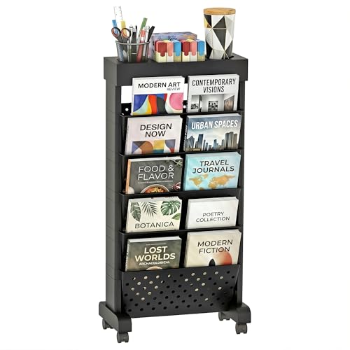 6-Tier Rolling Bookshelf Magazine Rack with Wheels Black - color: Black, size: 6-Tier 30.5"H