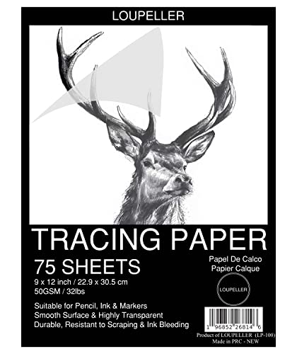 LOUPELLER 9” x 12” Tracing Paper Pad – 75 Sheets of 32lb 50g – Wrinkle Free Highly Transparent Tracing Paper for Drawing – Works with Pen, Pencil & Marker – for Artists, Architects & Kids