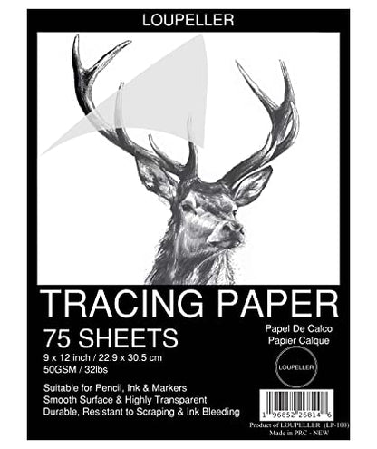 LOUPELLER 9” x 12” Tracing Paper Pad – 75 Sheets of 32lb 50g – Wrinkle Free Highly Transparent Tracing Paper for Drawing – Works with Pen, Pencil & Marker – for Artists, Architects & Kids