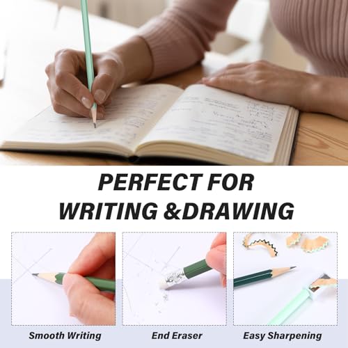TecUnite 60 Pcs HB Pencils #2 Unsharpened Wood Cased Pencils with Eraser Hexagonal Pencil Cute Graphite No 2 Pen for Adults Gifts Exam School Office Sketching Learning(Green Series, White) - color: Green Series, White