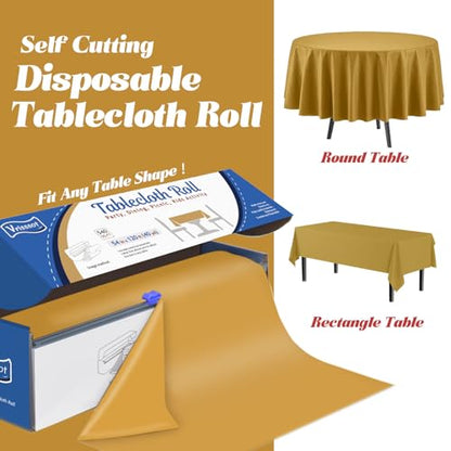 Plastic Table Cover Roll Disposable Tablecloth: 54in X 120ft Table Covers Plastic Table Cover Roll with Easy Slide Cutter Plastic Table Cloths for Parties Disposable-Gold - color: Gold, size: 1440" x 54" (Rectangular)