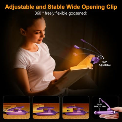 Gritin Rechargeable Book Light for Reading in Bed with 19 LED | Eye Caring 3 Color Temps, 5 Brightness Levels, Memory Function, 90 Hrs Runtime Flexible Goose Neck Clip on Light-Dark Purple - color: Dark Purple