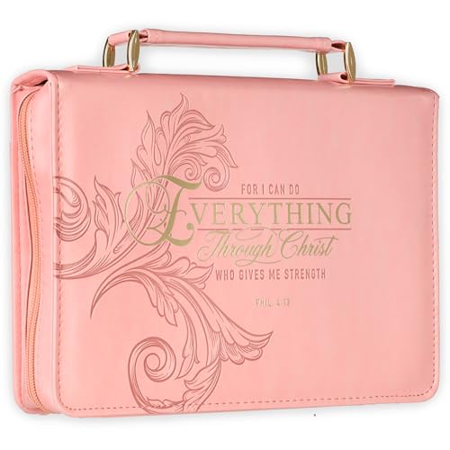 Christian Art Gifts Pink & Gold Floral Faux Leather Fashion Bible Cover for Women: Everything Through Christ - Phil. 4:13 Inspirational Scripture w/Sleeves, Pocket, Pen Loops to Organize, Pink, Medium - size: Medium