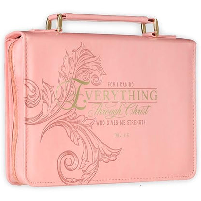 Christian Art Gifts Pink & Gold Floral Faux Leather Fashion Bible Cover for Women: Everything Through Christ - Phil. 4:13 Inspirational Scripture w/Sleeves, Pocket, Pen Loops to Organize, Pink, Large - size: Large