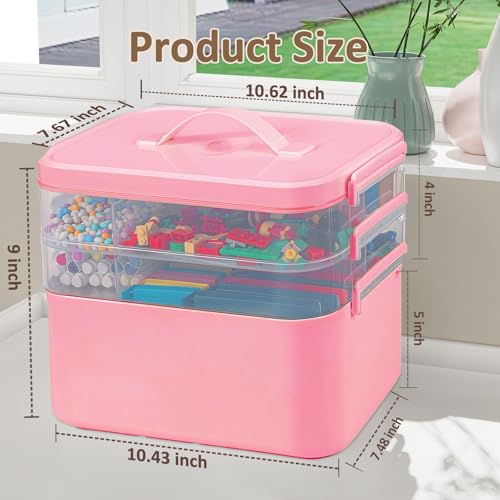 Gifhomfix 3-Layer Plastic Craft Organizers and Storage Box with Removable Trays, Storage Containers with lids and Handle, Art Supply Storage Organizer for Bead, Ornament, Nail Polish, Tape（Pink） - color: Pink, size: 3 Layer-10.6 x 7.6 x 9 in