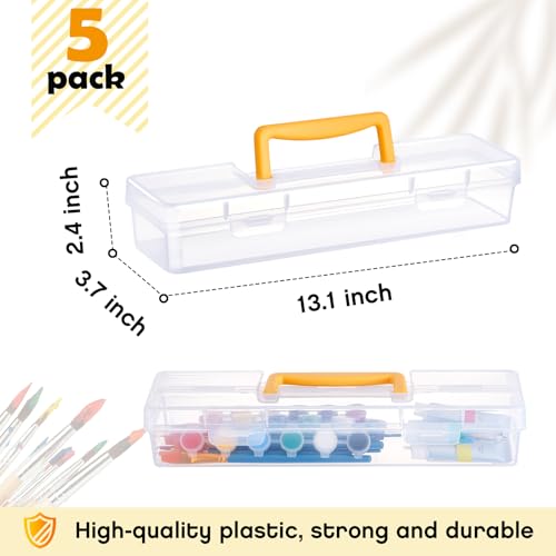 5 Pack Paint Brush Storage Box Portable 13" Long Paintbrush Drawing Tools | Clear Paint Brush Container Case with Handle, Pencils Organizer Holder for Artist Craft Art School Supplies