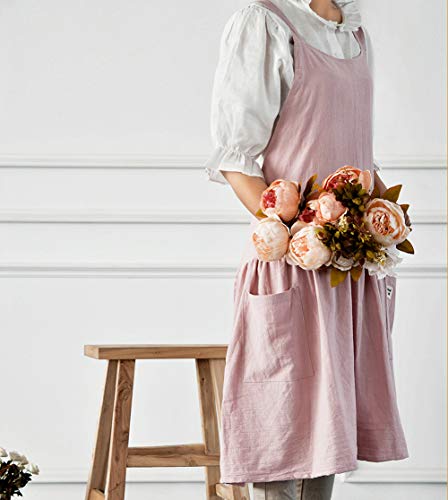 Japanese Cotton Cross Back Pinafore Apron for Women with Pockets Pink | NEWGEM, Criss-Cross, Waist Ties, Cotton Linen, Apron Dress, Farm Work Apron for Kitchen Cooking, Baking, Gardening, Painting - color: 10 - Pink With Waist Ties