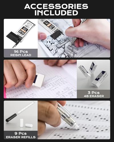 Nicpro 4 Pack Metal Mechanical Pencil Set 0.9mm, MB1000 Lead Drafting Pencil 0.9 mm with 6 Tube HB #2 Lead Refill, 3PCS 4B Eraser, 9 Cap Eraser for Artist Writing, Sketching, Drawing- Come with Case | 6 Tube HB #2 Lead Refill, 3PCS 4B Eraser, 9 Cap Eraser