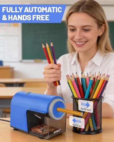 AFMAT Electric Pencil Sharpener, Fully Automatic Pencil Sharpener for 6.5-10.5mm No.2/Jumbo/Colored Pencils, Auto in & Out, 5 Sharpness Modes, 10000+ Sharpenings for Classroom Home Office, PSC5(120V) - color: Royal Blue