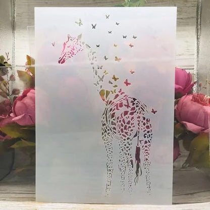 TIAMECH A4 Reusable Giraffe Stencil for Painting | Butterflies Layering Template, DIY Wall Art, Wood Furniture, Scrapbook & Crafts (8.3x11.7inch) - style: Giraffe Butterflies