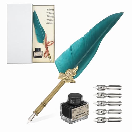 PATIKIL Feather Quill Pen Set, 1 Set Vintage Feather Calligraphy Pen Fountain Dip Pen Set with Ink, Pen Holder and Replacement Nibs for Beginner Writer Writing Gift, Dark Green(Silver Box) - color: Dark Green