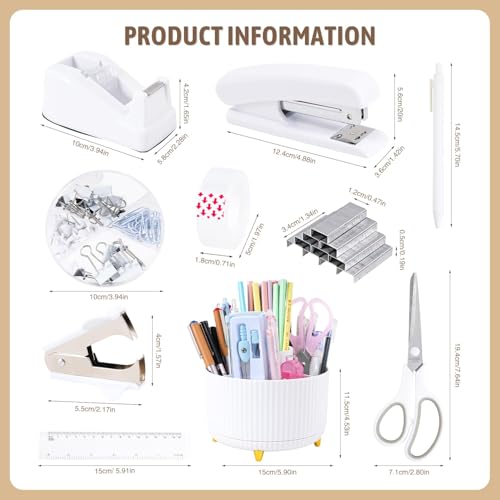 Gawsey White Desk Organizers and Accessories with Desk Organizer 360° Rotating Pen Holder and Office Supplies, Cute Stationery Supplies Set - color: White