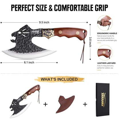 Topfeel Leopard-Head Viking Knife, Hand-Forged Meat Cleaver with Sheath