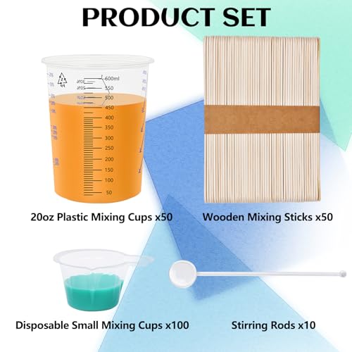 Artcome Mixing Cup Kit - 50 PC 20oz (600ml) Plastic Measuring Cups, 50 PC Wooden Mixing Sticks, 100 PC 40ml Disposable Small Cups, 10 PC Stirring Rods - Ideal for Epoxy Resin, Paint & Liquid Mixing | 50 PC Wooden Mixing Sticks, 100 PC 40ml Disposable Smal