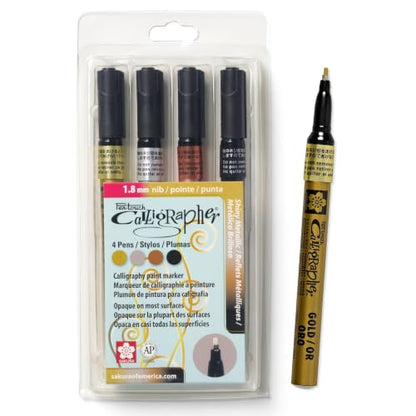 SAKURA 47391 4-Piece Fine Pentouch Calligrapher Paint Marker, 1.8mm, Gold, Silver, Copper and Black | Archival Quality Pens for Glass, Wood, Porcelain, Plastic, and Metal, Waterproof, Fade Resistant, Low Odor, Xylene Free - size: 1 Count (Pack of 4)