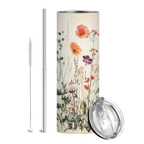 Firmiso 20 oz Tumbler | Skinny Insulated Travel Mug with Leak-proof Lid and Telescopic Straw | Wildflower Floral Stainless Steel Coffee Cup for Hot & Cold Drinks | Christmas Gifts for Women - color: Wildflower