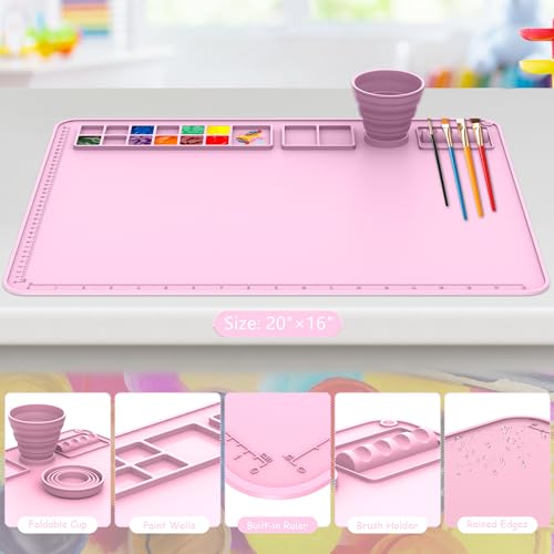 IYYI Silicone Painting Mat, Paint Mat with Cup and Palette, 20"X16" Siliocne Pad for Crafts, Resin, Clay, Kids Art Pad with Raised Edge (Pink) - color: Pink